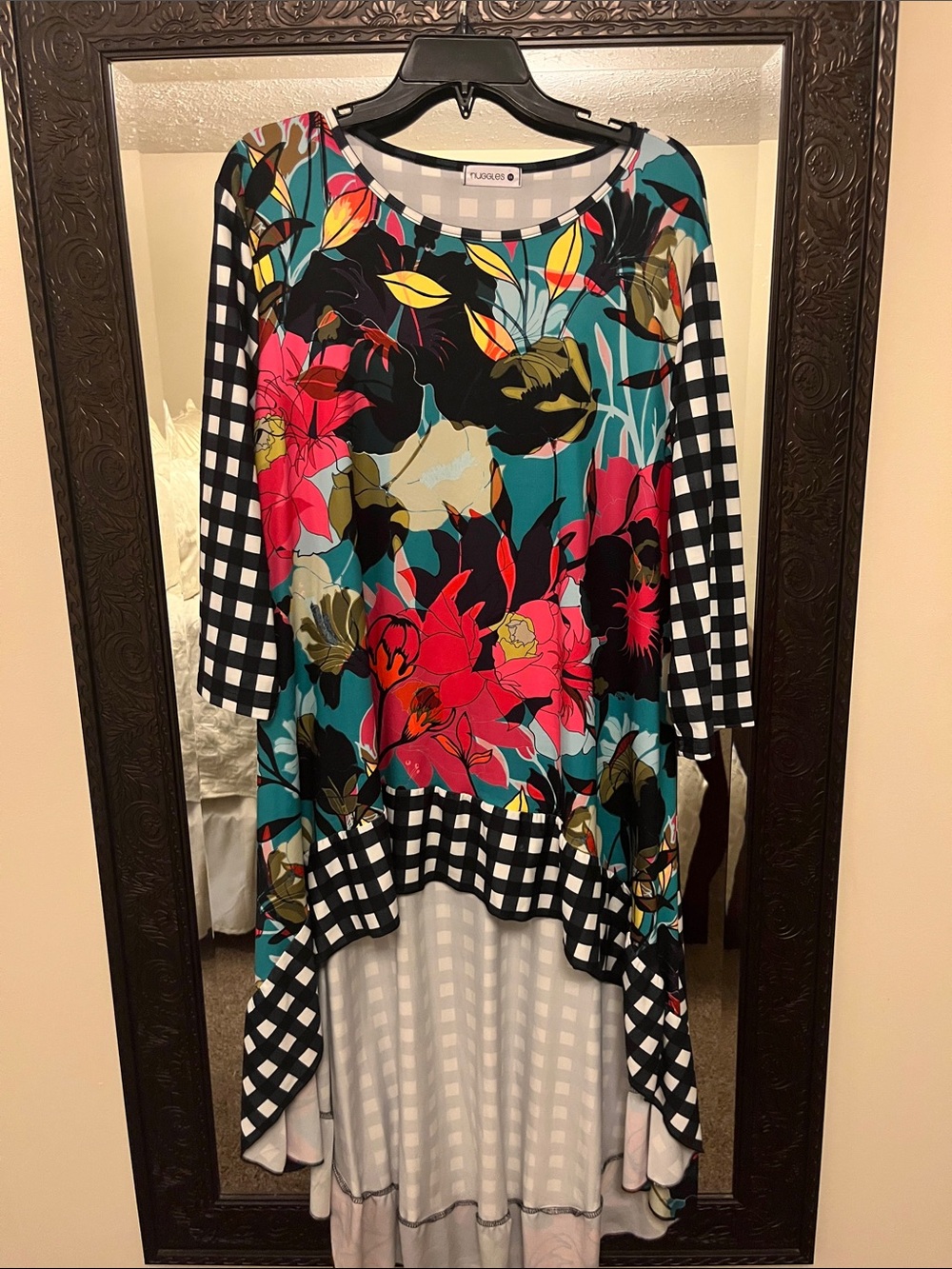 Tucrois Multi Floral & Gingham High-Low Tunic - Teal/Multi